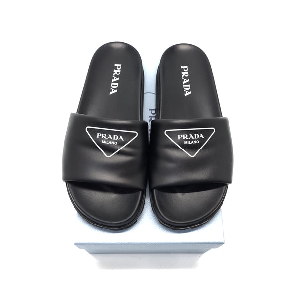 Prada Logo Slide Sandals Unisex Leather (Black)